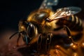 yellow bee closeup ai nature background honey pollen gold insect macro. Generative AI. Royalty Free Stock Photo