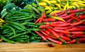 Background of closeup red, yellow and green  hot peppers. Royalty Free Stock Photo