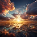 Background of clouds above the sky with the reflection of the sunset sun