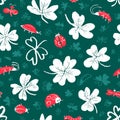 Background with clover leaves and insects. Seamless pattern with Royalty Free Stock Photo