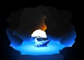 Beautiful nature fantasy illustration sacred magical ancient tree garden glow blue in a cave pond