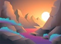 Beautiful Cartoon fantasy Landscape with sunset or sunrise and mountain range with river flow Royalty Free Stock Photo