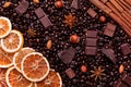 Background of coffee beans, chocolate chips, spices, nuts and ca