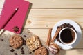 Background with coffee, cookies and notepad Royalty Free Stock Photo