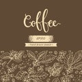 Background with coffee tree branches, coffee beans and lettering