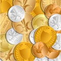 The background of the coins. The treasure of gold and silver coins lying loose on each other. Vector Image.
