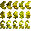 Background collection set of 3d symbols and icons with gold effect of euro currency coins dollar and pound sterling Royalty Free Stock Photo