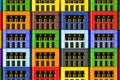 Background from colored plastic crates full of beer bottles, 3d