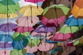 Background with colored umbrellas on one street Royalty Free Stock Photo