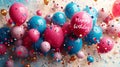 background of colorful balloons birthday party items, with text. greeting card Royalty Free Stock Photo