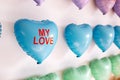 background of colorful balloons in the shape of heart. Love concept. Holiday Object, Birthday, Valentines Day, Wedding Royalty Free Stock Photo