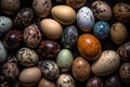 background of colorful bird eggs, many birds eggs of different species, close-up