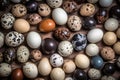 Background of colorful bird eggs, many birds eggs of different species, close-up
