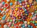 background of Colorful lollipops and different colored round candy. Top view. AI generative Royalty Free Stock Photo