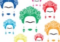 Background colorful portrait of Mexican or Spanish woman, minimalist Frida Kahlo with earrings skulls, Royalty Free Stock Photo