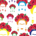 Background colorful portrait of Mexican or Spanish woman, minimalist Frida Kahlo with earrings skulls, Royalty Free Stock Photo