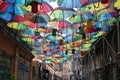 Background colorful rainbow different color umbrellas. unban tourist street decoration. Istanbul, Karakoy