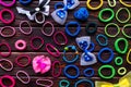 Background of colorful scrunchies on the wooden background