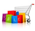 Background with colorful shopping bags and shopping cart.