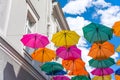 Background colorful umbrellas street decorations.