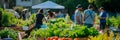 background with a community gardening event, neighbors coming together to garden sustainably, share seeds, and promote