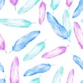 Seamless pattern from blue, blue and lilac feathers of birds Royalty Free Stock Photo