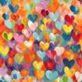 Background composed of a variety of small hearts painted in different colors, giving off a playful and childlike vibe.