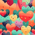 Background composed of a variety of small hearts painted in different colors, giving off a playful and childlike vibe.