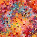 Background composed of a variety of small hearts painted in different colors, giving off a playful and childlike vibe.