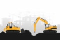 Background with construction work and heavy machinery of crawler loader and hammer excavator with gray background