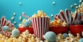 film food blue cinema box bucket red corn popcorn background theater. Generative AI.