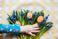 Background with cookies the shape of Easter eggs in the blue snowdrops on yellow kitchen towel and a child's hand taking Royalty Free Stock Photo