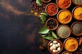 background cooking indian ingredient dry food seasoning powder herb spice spicy. Generative AI.