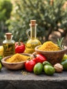 Background of cooking ingredients. Olive oil and fresh vegetables and fruits on a wooden table Royalty Free Stock Photo