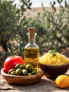 Background of cooking ingredients. Olive oil and fresh vegetables and fruits on a wooden table Royalty Free Stock Photo