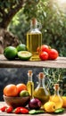 Background of cooking ingredients. Olive oil and fresh vegetables and fruits on a wooden table Royalty Free Stock Photo