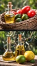 Background of cooking ingredients. Olive oil and fresh vegetables and fruits on a wooden table Royalty Free Stock Photo