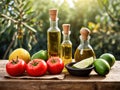 Background of cooking ingredients. Olive oil and fresh vegetables and fruits on a wooden table Royalty Free Stock Photo