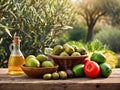 Background of cooking ingredients. Olive oil and fresh vegetables and fruits on a wooden table Royalty Free Stock Photo