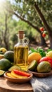 Background of cooking ingredients. Olive oil and fresh vegetables and fruits on a wooden table Royalty Free Stock Photo