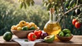 Background of cooking ingredients. Olive oil and fresh vegetables and fruits on a wooden table Royalty Free Stock Photo