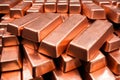 Background of copper ingots. Extractive industry