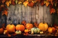 background copy autumn pumpkin wooden wood leaf orange space halloween season fall. Generative AI.