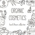 Background with cosmetic bottles. Organic cosmetics illustration.