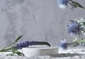 Background for cosmetic products scene with blue flowers. Concrete round white podium. Empty showcase for packaging
