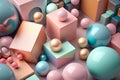 Background of cubes of rectangles and balls of different sizes in pink and turquoise tones