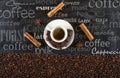 Background of cup coffee beans with cinnamon and anise