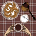 Background with a Cup of hot drink fresh croissants coffee spoon Turk coffee