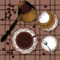 Background with a Cup of hot drink fresh croissants coffee spoon Turk coffee