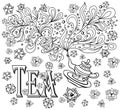 Background with cup, teapot, flowers in doodle style in black white for coloring page